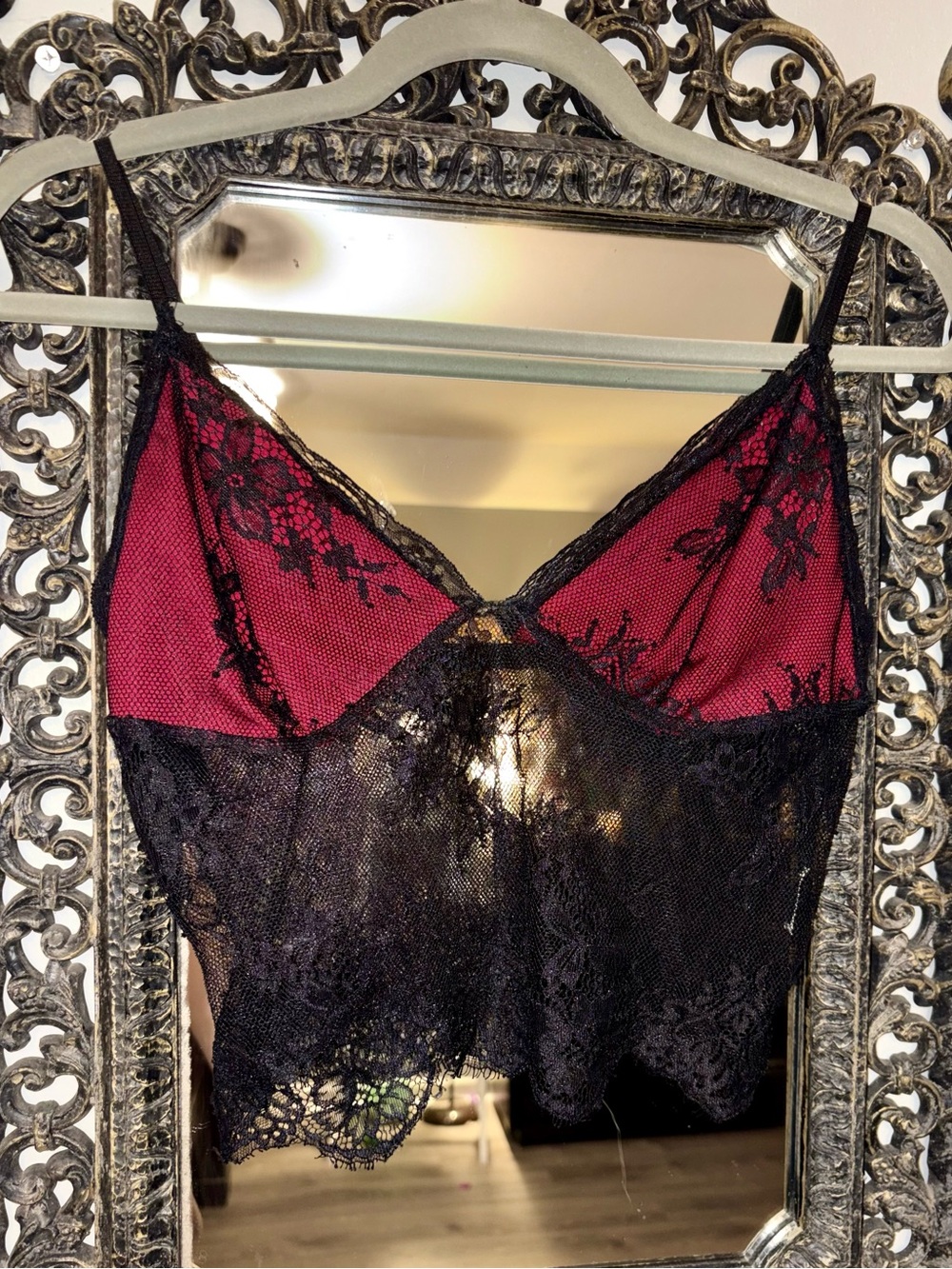 Black Lace & Burgundy Mesh Camisole Top